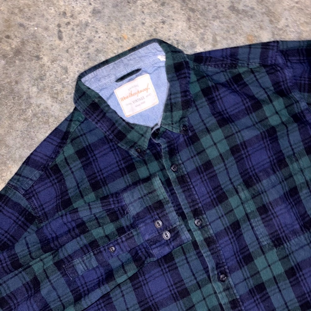 Original Weatherproof Vintage Shirt Mens 2XL Blue Green Cotton Plaid Button Down